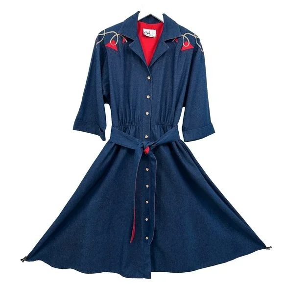 Vintage Denim Midi Dress‎ Medium Pockets Western Cottagecore Rodeo Prairie USA - Picture 11 of 11
